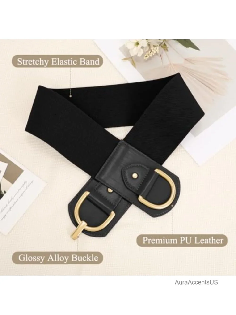 Faux Leather Wide Elastic Stretchy Belt for Dresses with Gold Buckle